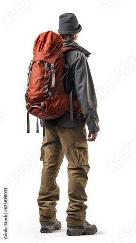 rear view of man hiker with backpack isolated on white background. mountain climber.