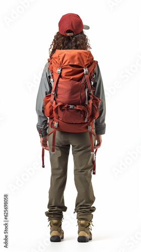 rear view of female hiker with backpack isolated on white background. mountain climber.
