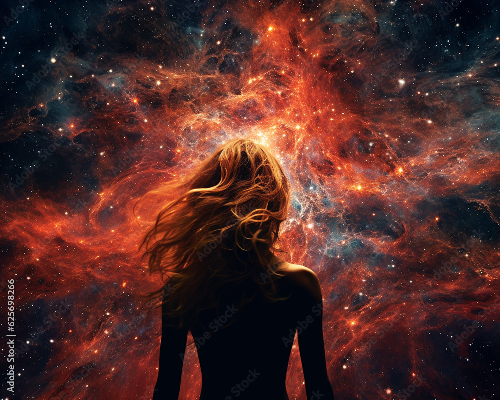 woman with red hair looking into the night sky / galaxy / universe / stars / redhead woman with red hair looking into the night sky / galaxy / universe / stars / redhead