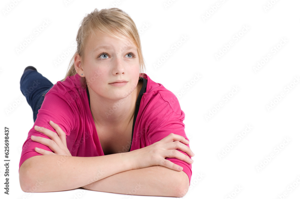 Teenage girl lying down and looking up, isolated on white background Teenage girl lying down and looking up, isolated on white background