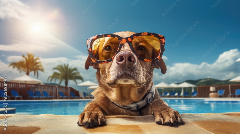 Funny dog with sunglasses in the swimming pool. Generative AI.