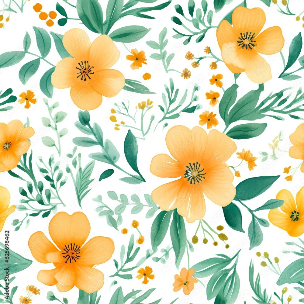 Cheerful Yellow Flowers Watercolor in a Seamless Pattern Design Cheerful Yellow Flowers Watercolor in a Seamless Pattern Design