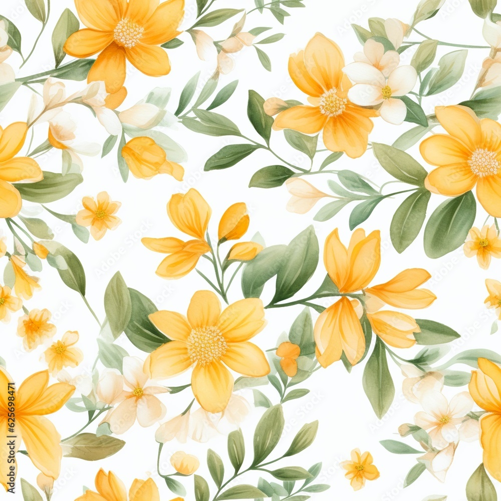 Cheerful Yellow Flowers Watercolor in a Seamless Pattern Design Cheerful Yellow Flowers Watercolor in a Seamless Pattern Design