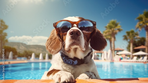 Funny dog with sunglasses in the swimming pool. Generative AI.