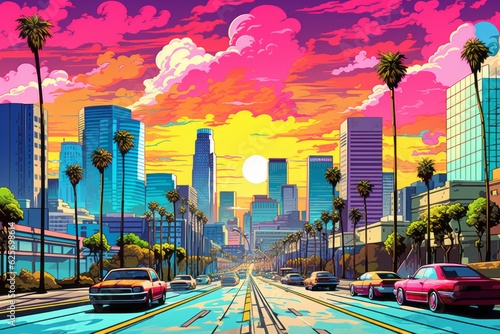 Vibrant pop art cityscape of Los Angeles, Generative AI