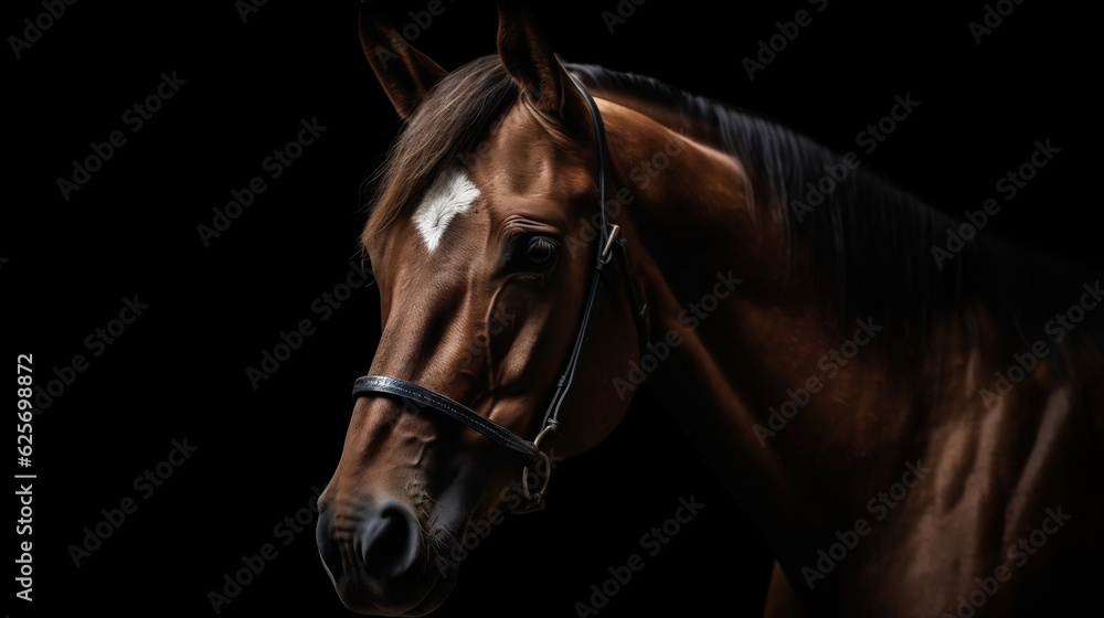 Fototapeta premium Portrait of the horse on the black background. Generative AI