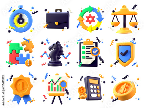 set of business icons in 3d style, png transparent icon. photo