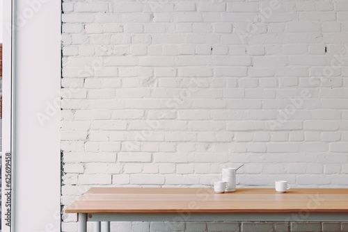 Coffee cup and modern laptop are on a table next to a white brick wall. © 2rogan