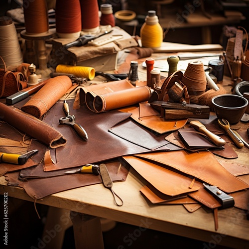 Leather craft or leather working. Selected pieces of beautifully colored or tanned leather on a leather craftsman's work desk.
 photo