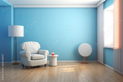 Interior of a living room with wooden flooring  blue walls  and a white armchair perched on the landing next to a round coffee table and a mock-up vertical poster.