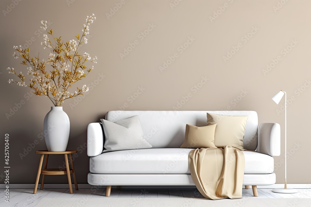 Mockup of white, vacant wall in room with white couch in Scandinavian design. Interior decor that is minimal. Mockup of white, vacant wall in room with white couch in Scandinavian design. Interior decor that is minimal.