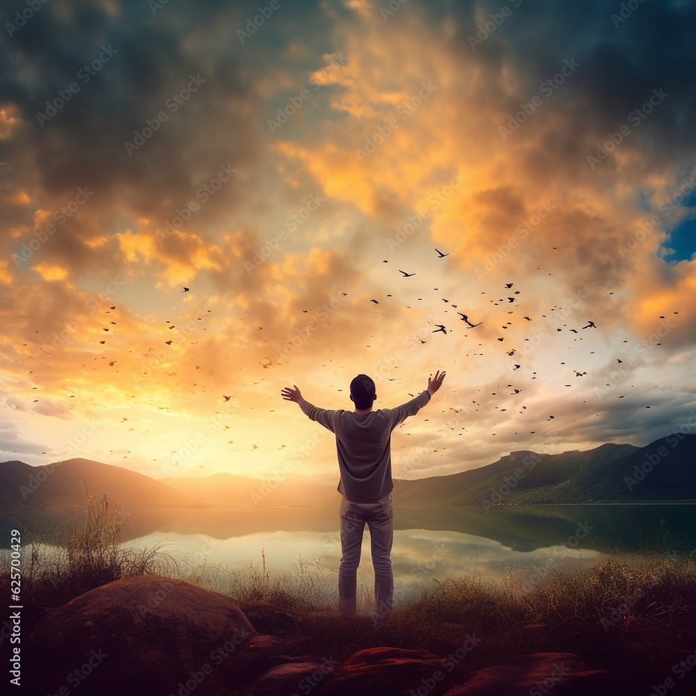 Man with open arms in front of a sunset and Beautiful sky.
Man with open arms in front of a sunset and Beautiful sky.