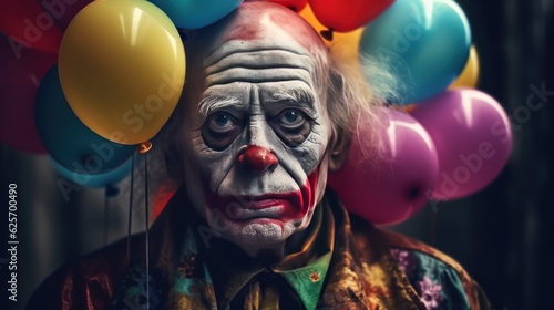 Depressed Clown. Sad Clown with Colorful Balloons. Sad Old Clown. Unhappy Clown with Balloons. Portrait image of a dressed old man as a traditional clown with balloons. Made With Generative AI. © John Martin