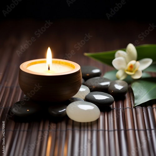 Spa still life concept, Close up of spa theme on wood background with burning candle and bamboo leaf and flower