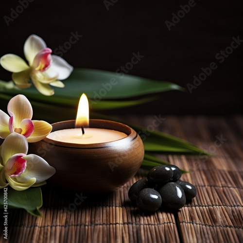 Spa still life concept  Close up of spa theme on wood background with burning candle and bamboo leaf and flower