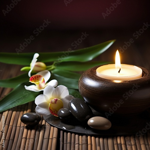 Spa still life concept, Close up of spa theme on wood background with burning candle and bamboo leaf and flower