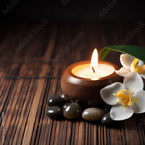 Spa still life concept  Close up of spa theme on wood background with burning candle and bamboo leaf and flower