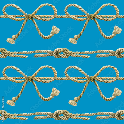 Seamless pattern of watercolor rope cords with bow knots. Hand drawn illustration. Hand painted elements on blue background.