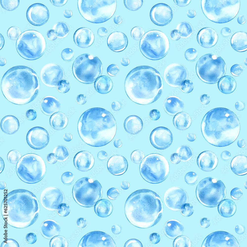 Light blue bubbles watercolor illustration. Hand drawn round transparent ball. Seamless pattern on blue background. Suitable for soap, shampoo, cosmetics, packaging, design.