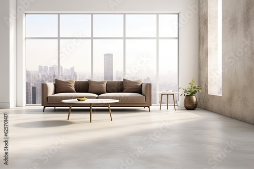 White walls, a concrete floor, a white sofa, and a unique coffee table characterize this contemporary living room area. A panorama window with a poster. a detailed mock up