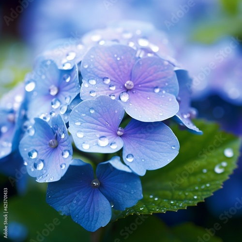 Young Hydrangea flower with dew. Extremely shallow depth of field for a dreamy feel