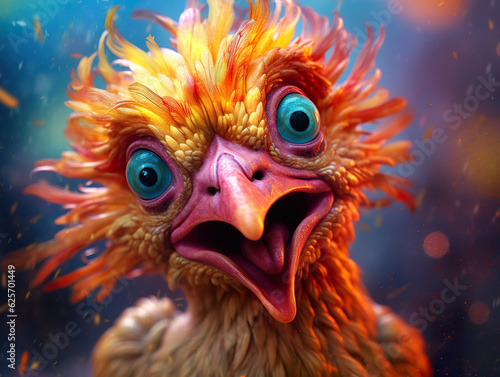 Conceptual digital art of crazy chicken in rich colors. Crazy chicken realistic style in detailed portrait and colorful background. Cartoon style of chicken. Realistic 3D illustration. Generative AI © Vagner Castro