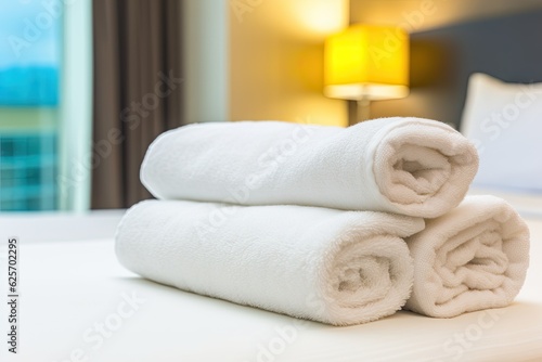In a hotel room, a white towel was used on the bed. © 2rogan