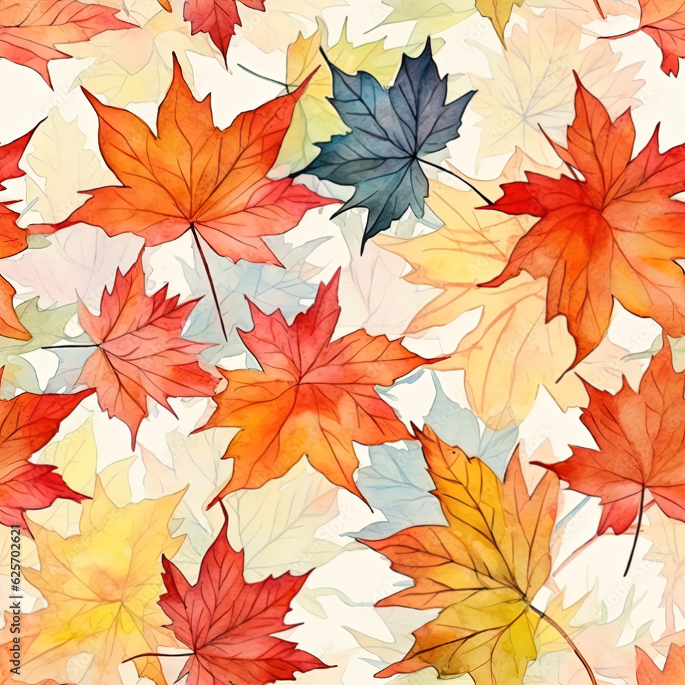 Watercolor Autumn Fall Seamless Pattern. Botanical illustration. October print. Design for tile, backgrounds, fabric, textile, wrapping paper. Autumn leafs. Generative AI