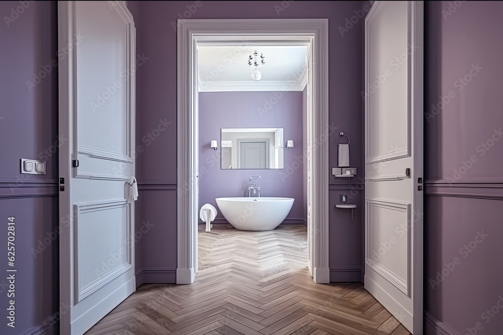 Open door to contemporary bathroom with sink and copy space. Parquet flooring and violet wallpaper can be found in an empty room. interior design that is minimal Open door to contemporary bathroom with sink and copy space. Parquet flooring and violet wallpaper can be found in an empty room. interior design that is minimal