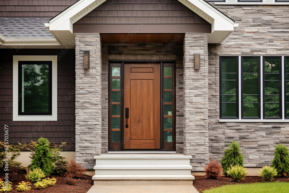 Main entrance door in house. Wooden front door with gabled porch and landing. Exterior of georgian style home cottage with columns and stone cladding. Created with generative Ai