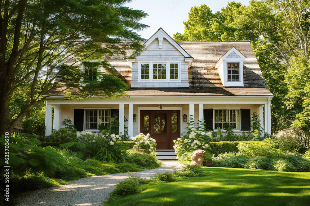 Georgian style family house exterior with roof tiles and dormer windows. Beautiful landscaped front yard with trimmed lawn and flower bed. Created with generative Ai