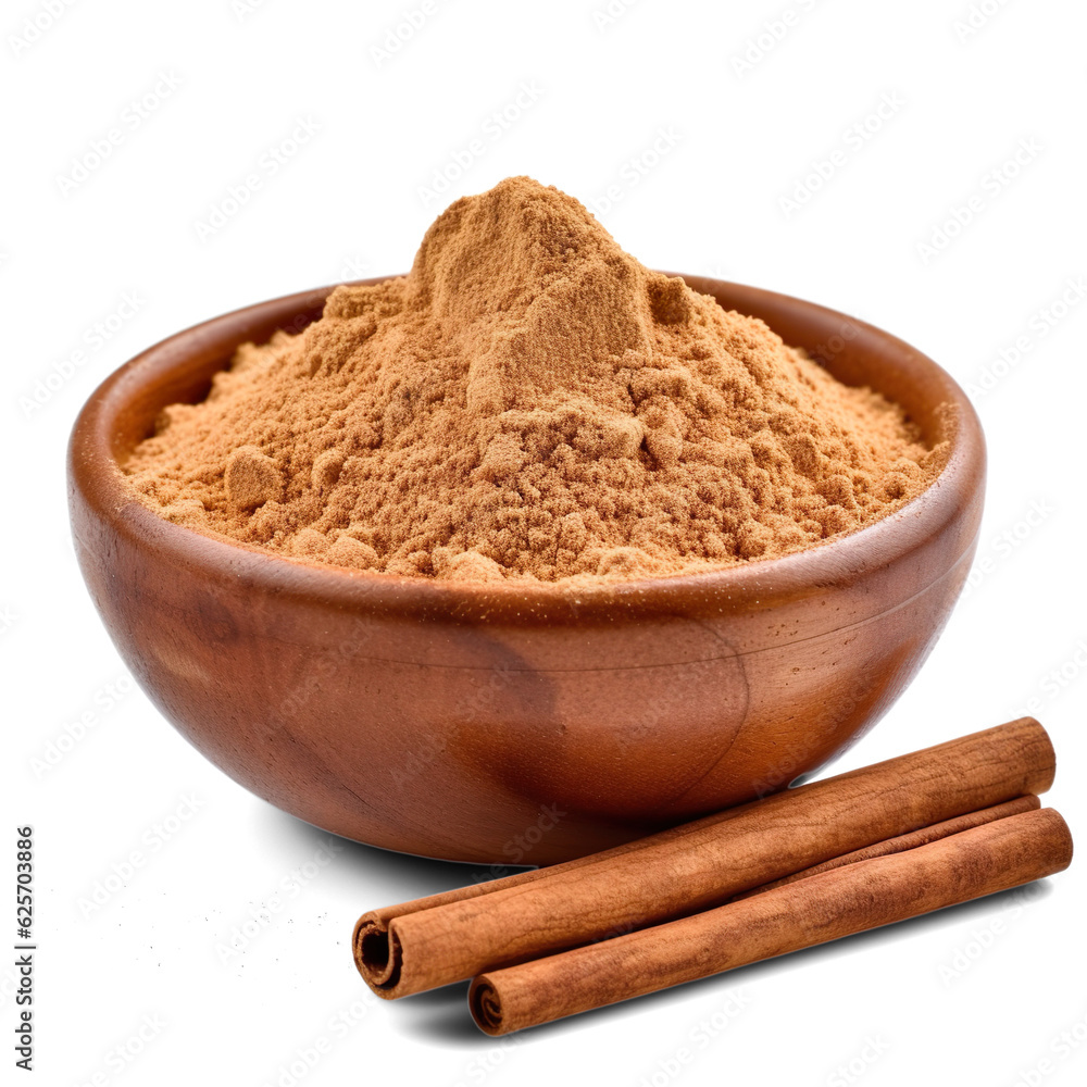 Cinnamon powder in a bowl and some whole Cinnamon isolated on white background Cinnamon powder in a bowl and some whole Cinnamon isolated on white background