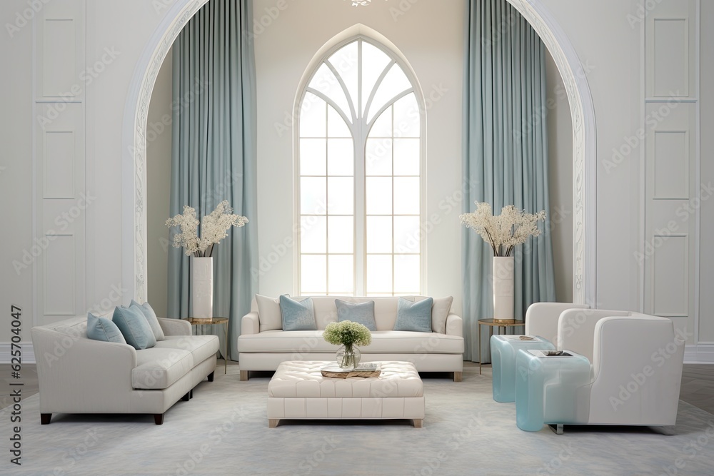 Fototapeta premium Neoclassical living room with copy space and molded walls. Parquet flooring and an arched door with a curtain. delicate shades of white and blue, contemporary velvet sofa. traditional interior design