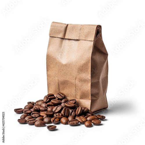 Coffee beans with paper bag packaging isolated on white background