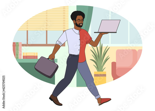 A black business man at a hybrid work, in hybrid clothes, a formal suit and home clothes with a laptop in his hands against the backdrop of a working office and a homely cozy atmosphere. Vector