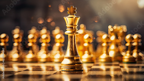 Foto Set of luxury golden chess pieces isolated on dark background