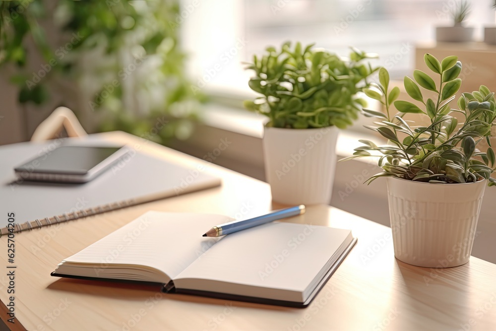 Close-up of a creative designer's desktop with a notepad, a decorative plant, a blank white notepad, and blinds in the backdrop. a mockup Close-up of a creative designer's desktop with a notepad, a decorative plant, a blank white notepad, and blinds in the backdrop. a mockup