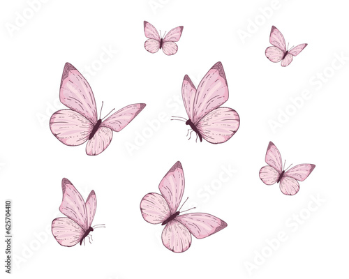 pink watercolor isolated on white flying butterflies