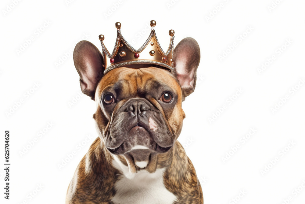 French Bulldog dog with crown on head on white background