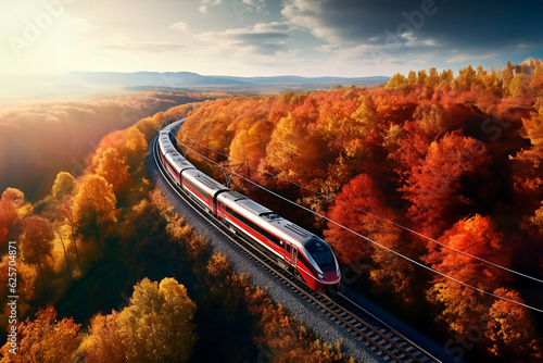 Aerial view of train and railroad among autumn forests, bird\'s eye view