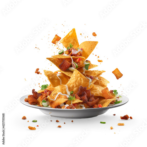 Nachos flying with plate isolated on white background