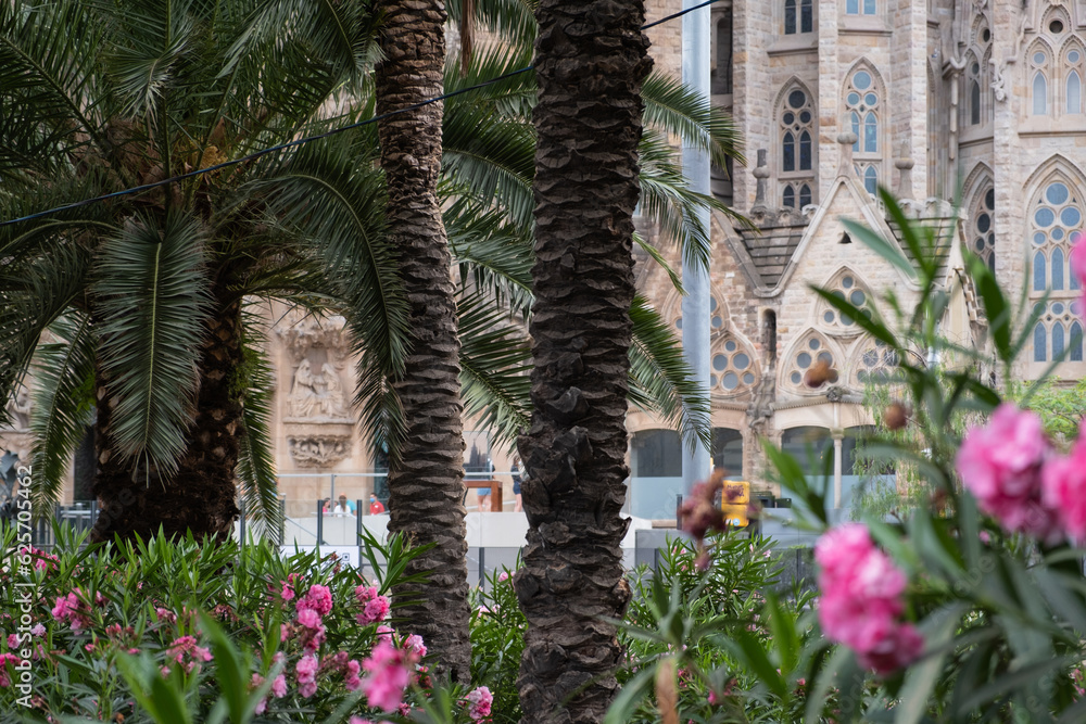 Streets of Barcelona with Temple Expiatori de la Sagrada Família on background, Catalonia, Spain