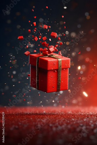 Red gift box with golden ribbons floating in the air above the surface, confetti explosion. Birthday, Merry Christmas or New Year celebration concept © Ayrum.Design