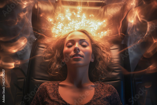 Artistic depiction of a hypnotherapy client during a hypnotherapy session with ethereal lighting invoking a dreamlike state