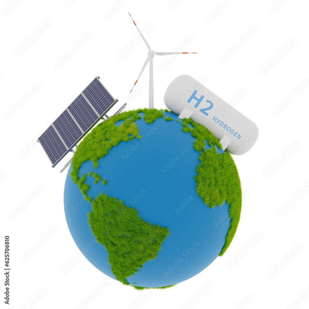 Earth covered with grass with hydrogen energy, solar energy and wind power objects, 3d rendering Earth covered with grass with hydrogen energy, solar energy and wind power objects, 3d rendering