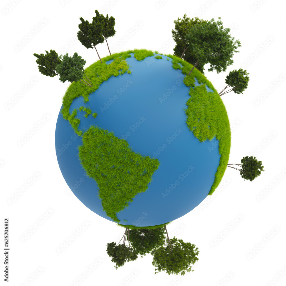 Earth environment object covered with grass and trees, 3d rendering