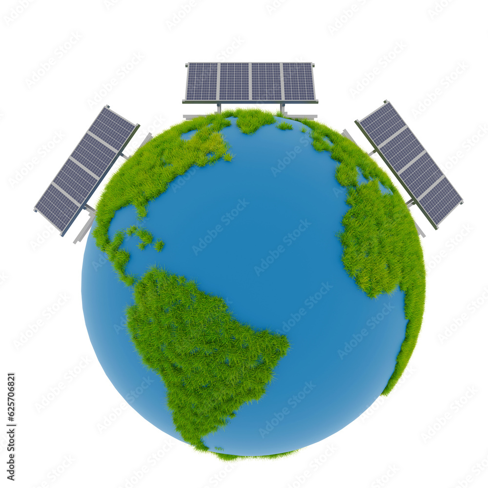 Earth covered with grass with solar energy objects, 3d rendering