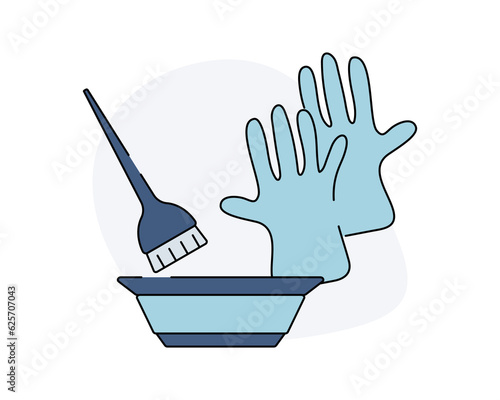 Set for hair coloring. Brush, gloves and bowl. Equipment for painting Hairdressing salon. Cosmetic product for hair. Color image with outline. Vector illustration.