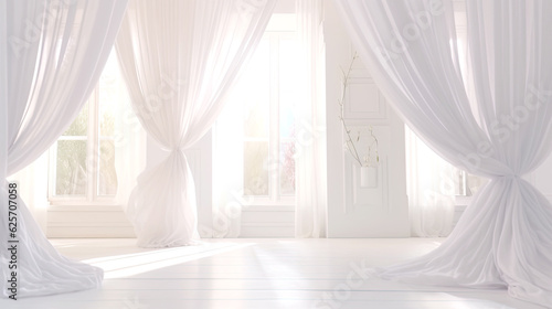 Romantic Dreamy White Interior with Sunny Windows and Curtains. Bright Warm Tones, Bridal Mock Up.