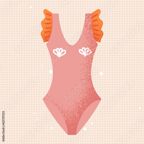 One Piece Swimsuit. Swimwear, swim suit, woman beachwear, pink beach costume with orange ruffles and doodle seashells on chest. Textured, for pool or beach party. Vector flat modern illustration